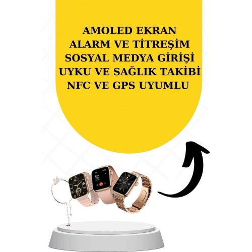 Pembe Amoled Ekran Akıllı Saat 41 Mm + Kablosuz Bluetooth Kulaklık