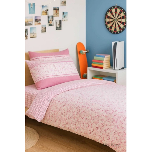 Pembe Çiçek Desenli Pamuklu Tek Kişilik Nevresim Takımı