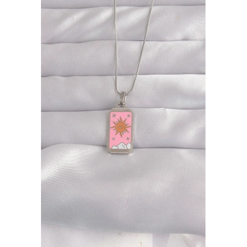 Pembe Mineli Güneş Kolye Çelik 1 Adet