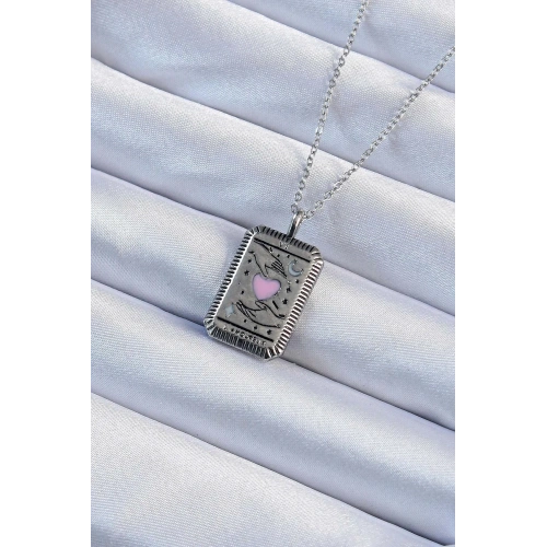 Pembe Mineli Kalp Figürlü Kolye 45 Cm Çelik Zincir