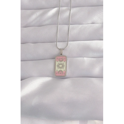 Pembe Mineli Tarot Kolye Çelik Gümüş Renk 1 Adet