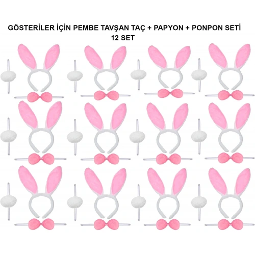 Pembe Tavşan Kostüm Seti – Taç, Papyon, Ponpon (12’li Paket)