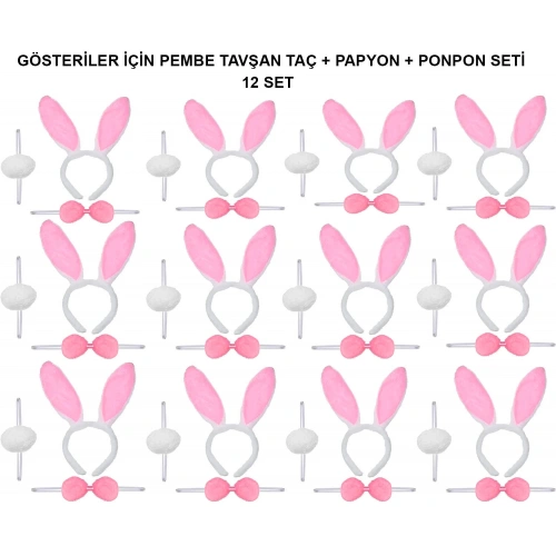 Pembe Tavşan Kostüm Seti – Taç, Papyon, Ponpon (12’li Paket) (5365)
