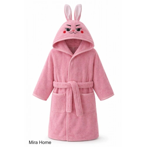 Pembe Tavşan Nakışlı Kulaklı Bebek ve Çocuk Bornozu