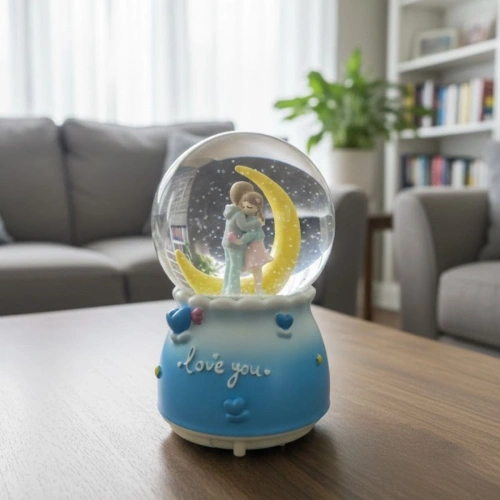 Pilli Işıklı Müzikli Kar Küresi–Hilal Ay Figürlü Romantik Masaüstü Biblo, LED Aydınlatmalı Dekoratif Hediyelik Kar Küresi (5365)