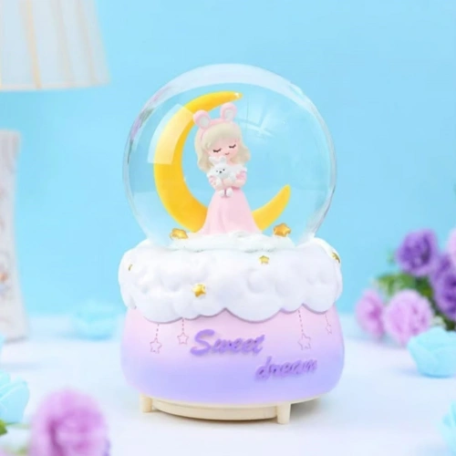 Pilli Işıklı Müzikli Kar Küresi–Hilal Ay Önünde Prenses Figürlü Eğlenceli Masaüstü Biblo, LED Aydınlatmalı Dekoratif Hediyelik Kar Küresi (5365)