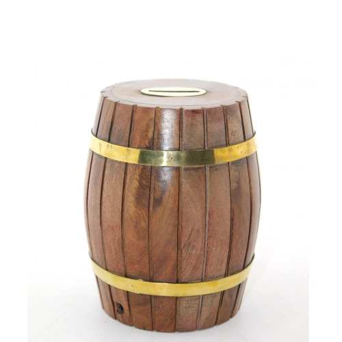 Brass Wooden Barrel Piggy Bank 12.5 Cm