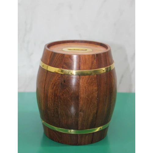 Brass Wood Barrel Piggy Bank