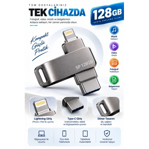 Pratik Çoklu Girişli 128gb Usb Flash Bellek