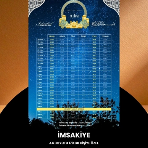 Ramazan İmsakiyesi - 170 Gr - A4 Boyut Kişiye Özel İsimli & Logolu 100 Adet Gökyüzü
