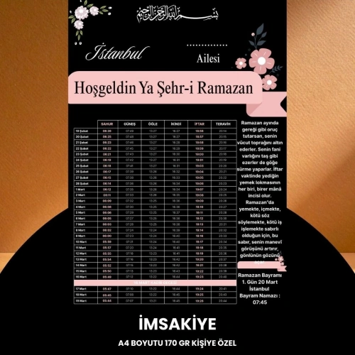 Ramazan İmsakiyesi - 170 Gr - A4 Boyut Kişiye Özel İsimli & Logolu 100 Adet Pembe