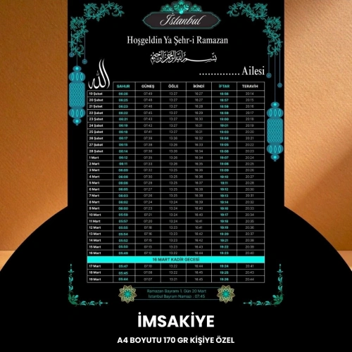 Ramazan İmsakiyesi - 170 Gr - A4 Boyut Kişiye Özel İsimli & Logolu 100 Adet Siyah-mavi