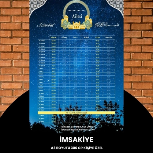 Ramazan İmsakiyesi - 300 Gr - A3 Boyut Kişiye Özel İsimli & Logolu 1 Adet Gökyüzü