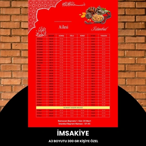 Ramazan İmsakiyesi - 300 Gr - A3 Boyut Kişiye Özel İsimli & Logolu 1 Adet Kırmızı