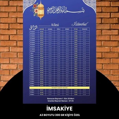 Ramazan İmsakiyesi - 300 Gr - A3 Boyut Kişiye Özel İsimli & Logolu 1 Adet Mat Mavi