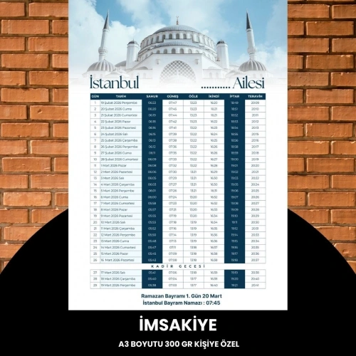 Ramazan İmsakiyesi - 300 Gr - A3 Boyut Kişiye Özel İsimli & Logolu 1 Adet Mavi