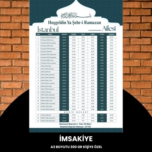 Ramazan İmsakiyesi - 300 Gr - A3 Boyut Kişiye Özel İsimli & Logolu 1 Adet Yeşil