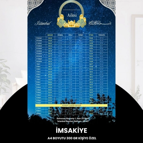Ramazan İmsakiyesi - 300 Gr - A4 Boyut Kişiye Özel İsimli & Logolu 1 Adet Gökyüzü
