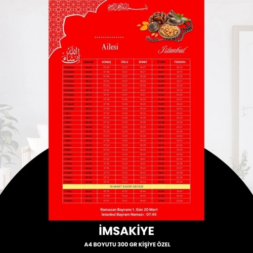 Ramazan İmsakiyesi - 300 Gr - A4 Boyut Kişiye Özel İsimli & Logolu 1 Adet Kırmızı