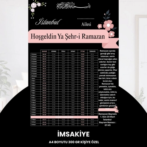 Ramazan İmsakiyesi - 300 Gr - A4 Boyut Kişiye Özel İsimli & Logolu 1 Adet Pembe