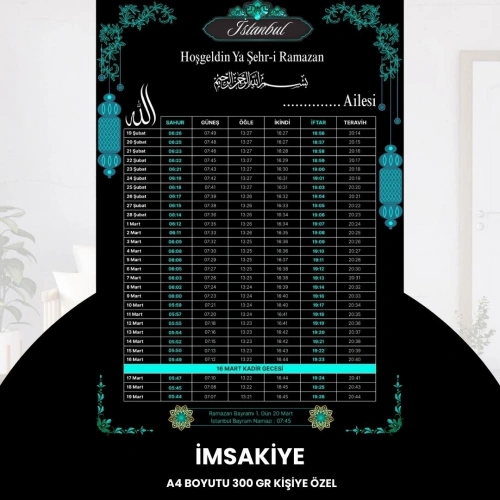Ramazan İmsakiyesi - 300 Gr - A4 Boyut Kişiye Özel İsimli & Logolu 1 Adet Siyah-mavi
