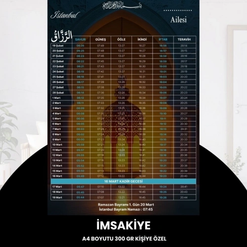 Ramazan İmsakiyesi - 300 Gr - A4 Boyut Kişiye Özel İsimli & Logolu 10 Adet Lacivert