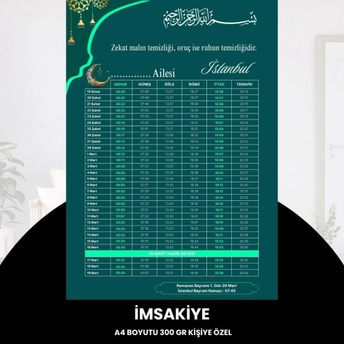 Ramazan İmsakiyesi - 300 Gr - A4 Boyut Kişiye Özel İsimli & Logolu 10 Adet Yeşil-turkuaz