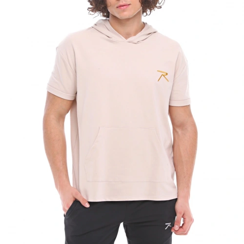 Pamuklu Kapüşonlu Kısa Kollu Sweatshirt OCULUS BEJ