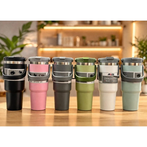 Renkli 700 ml Taşıma Kulplu Paslanmaz Çelik Termos Mug Bardak