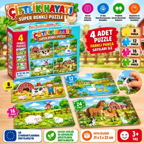 Renkli Çiftlik Puzzle 4lü Set