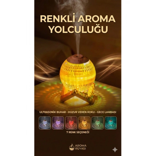 Renkli Kristal Küre Tasarımlı LED Işıklı Hava Nemlendirici – Sessiz Çalışma ve Ahşap Desenli Kapak