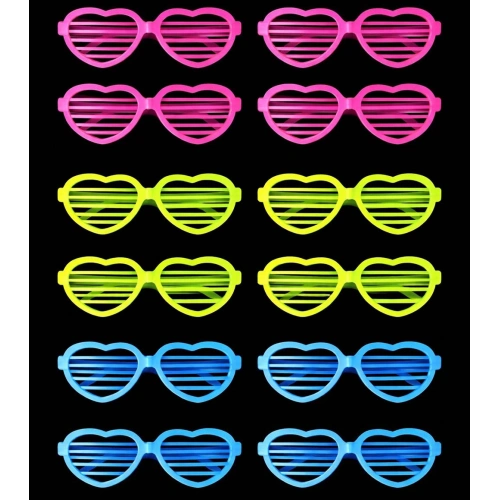 Retro Neon Phosphorescent Heart Shutter Glasses 12 Pieces - 80s 90s Party Style (5365)