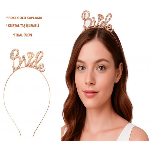 Rose Gold Renkli Taşlı “Bride” Gelin Tacı – El Yazısı Yazı Tipiyle (5365)