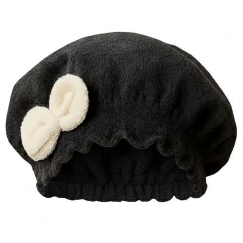 Saç Kurulama Banyo Duş Bonesi – %100 Pamuk , Fiyonklu Siyah