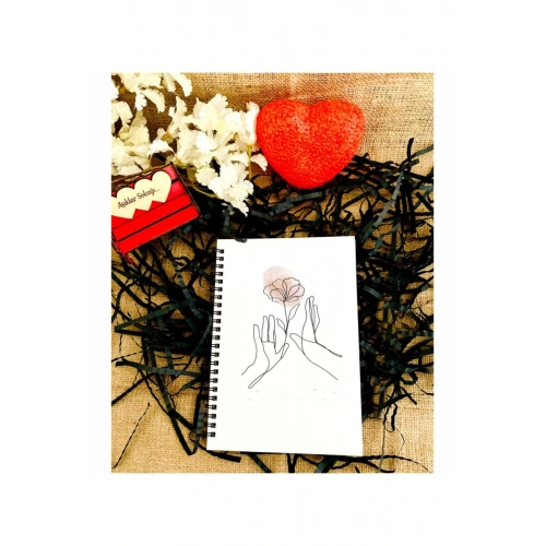 Sevgililer Günü Çiçekli El Desen Baskılı Ahşap Defter - Beyaz