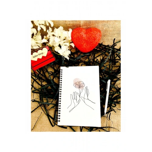 Sevgililer Günü Çiçekli El Desen Baskılı Ahşap Defter Kalem Seti - Beyaz