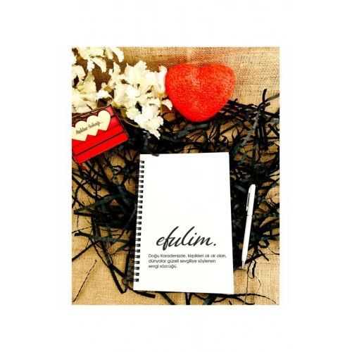 Sevgililer Günü Efulim Baskılı Ahşap Defter Kalem Seti - Beyaz
