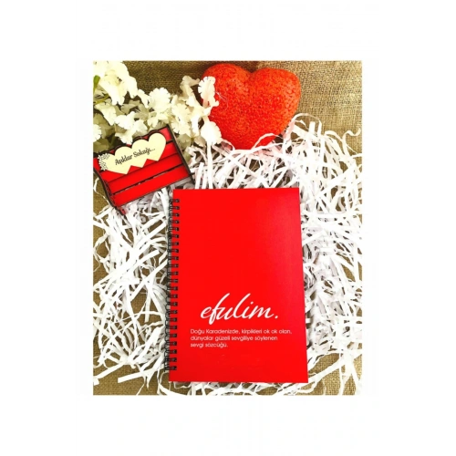 Sevgililer Günü Efulim Baskılı Ahşap Defter - Kırmızı