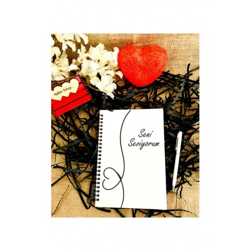 Sevgililer Günü Seni Seviyorum Yazılı Ahşap Defter Kalem Seti - Beyaz