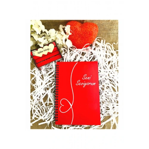 Sevgililer Günü Seni Seviyorum Yazılı Ahşap Defter Kalem Seti - Kırmızı