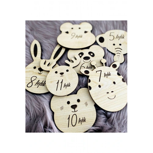 Sevimli Hayvanlar Ahşap Çift Taraflı Aylık Bebek Kartlar