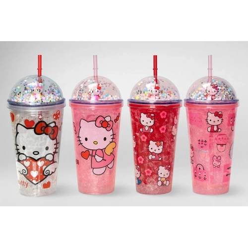Sevimli Hello Kitty Pipetli Işıklı Boncuklu Suluk Bardak 400 ml