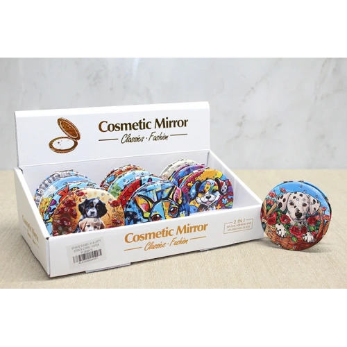 Cute Dog Designed Stoned Slim Hand Mirror Round