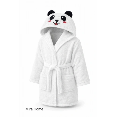 Sevimli Panda Nakışlı Beyaz Pamuklu Kapşonlu Çocuk Bornozu