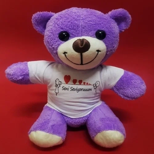 Sevimli Tişörtlü Peluş 25 Cm Mor Renkli