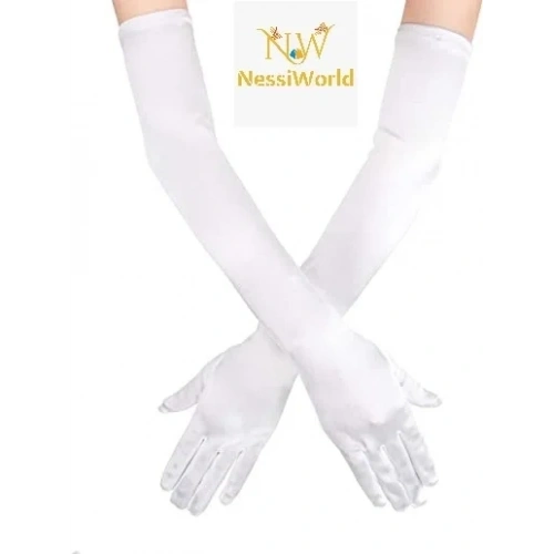 Şık Beyaz Kumaş Eldiven 40 Cm Dirseğe Kadar Uzun