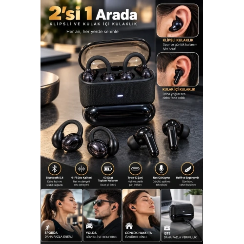 Şık Kablosuz Bluetooth Kulaklık 4lü Set Klipsli Ve In Ear