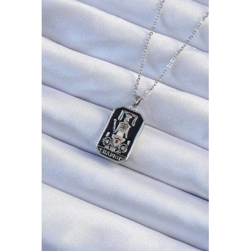 Şık Mineli Tarot Kolye 45 Cm Gümüş Renk Çelik