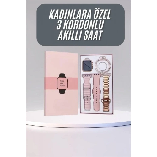 Şık Rose Renkli Akıllı Saat 3 Kordonlu Bayanlar İçin