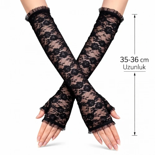 Şık Uzun Dantel Eldiven Parmaksız 35 Cm Siyah